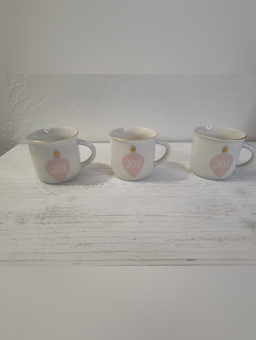 Set of 3 Home Expressions Espresso Cups Gold Rim White & Pink Holiday "Joy" 2 oz